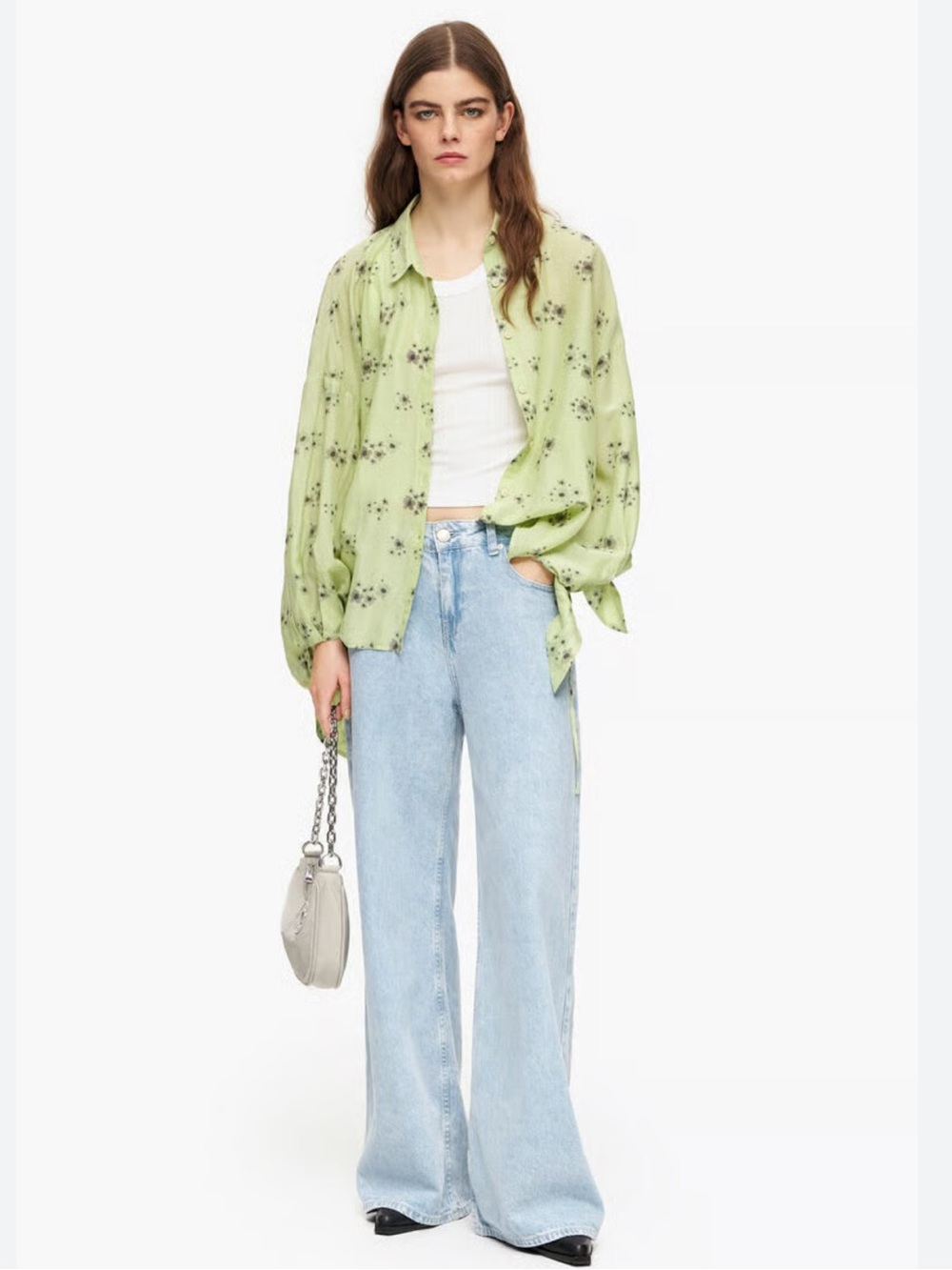 Bimba Y Lola Acrylic Flowers Green Button-Down Shirt with open back